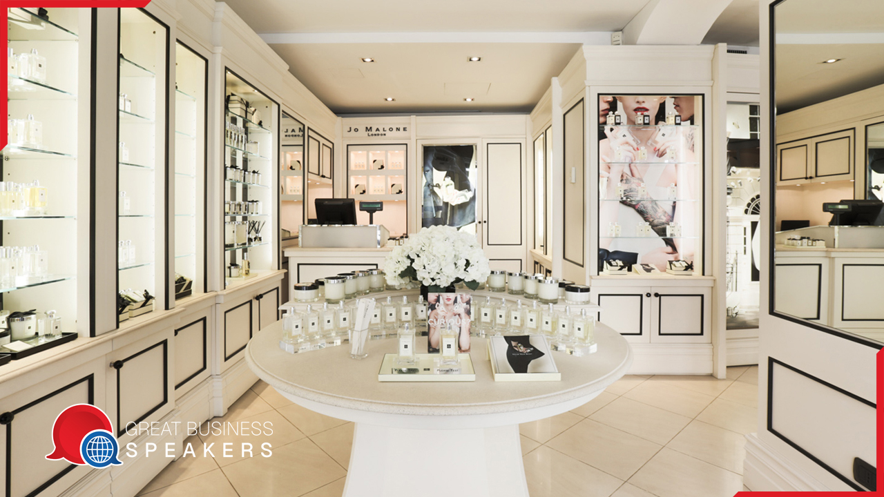 Jo Malone CBE hire described as an 'English scent maverick' speaker book at agent Great Business Speakers.